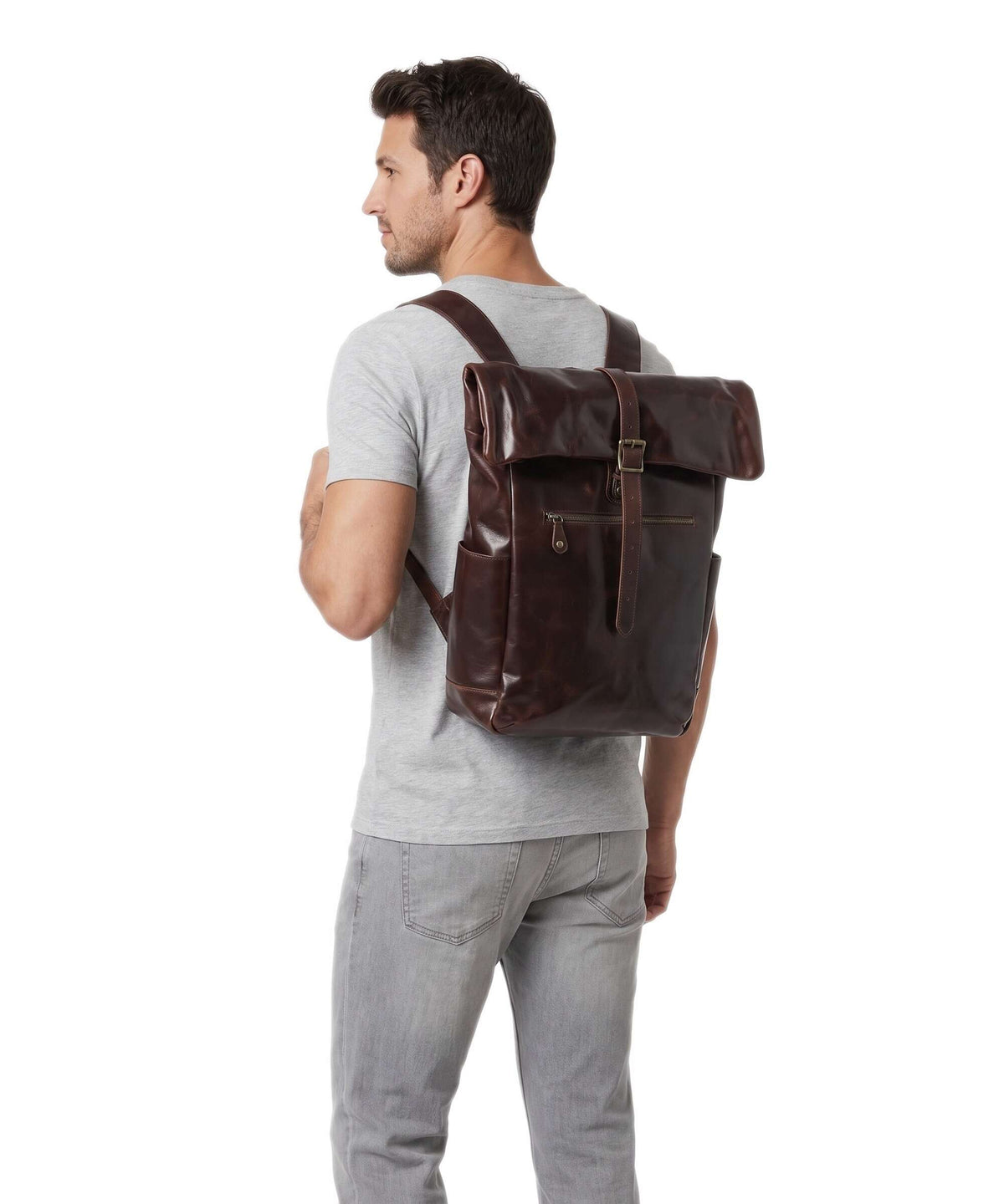 Buckle & Seam Crazy Horse Norman Rolltop backpack brown/dot