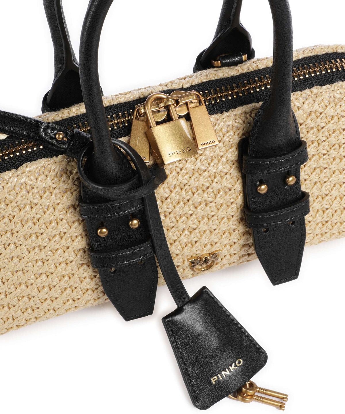 Pinko Bowling Horizontal Handbag rafia/nero/antique gold